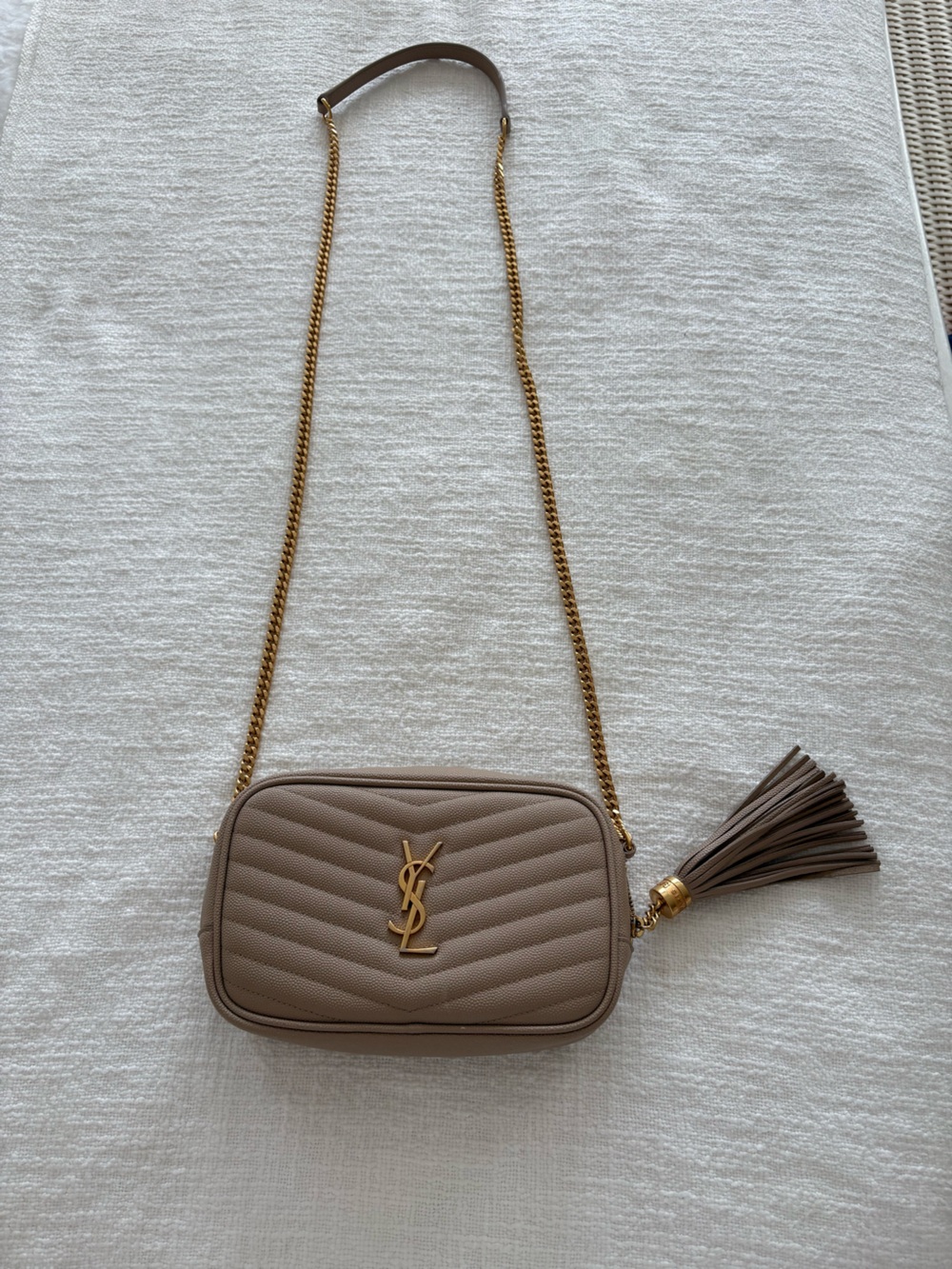Saint Laurent Taupe Quilted Camera Crossbody with Gold Chain & Tassel